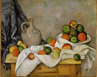Gordijn, kruik en fruitschaal door Paul Cézanne