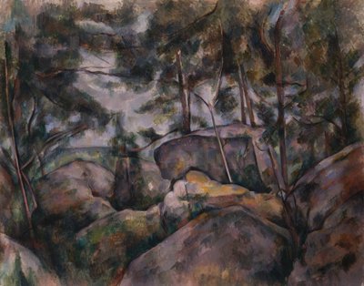 Rotsen in het bos door Paul Cézanne