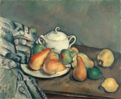 Suikerpot, peren en tapijt door Paul Cézanne