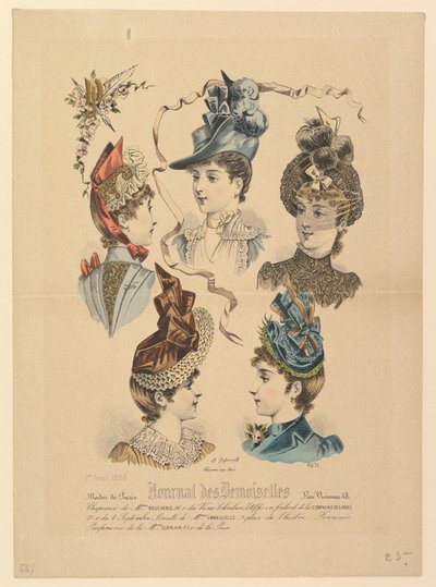 Dameshoeden, nr. 4671, uit Journal des Demoiselles, 1 april 1888 door Paul Deferneville