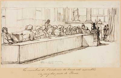 De Leden van de Academie voor Schone Kunsten verzameld om de Romeprijs te jureren, 1841 of 1842 door Paul Delaroche