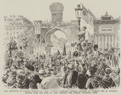 De Ontvangst van Russische Officieren in Parijs, Generaal Chanoine, Admiraal Avellan, M Humbert en M Poubelle rijden van het Gare de Lyon door de Russische Triomfboog door Paul Destez
