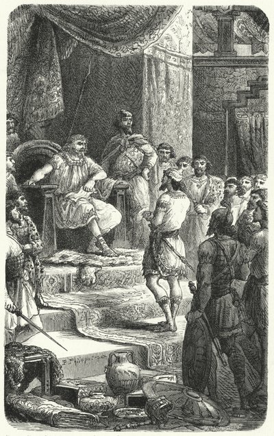 Koning David ontvangt gezanten van koning Hiram van Tyrus (gravure) door Paul Dominique Philippoteaux