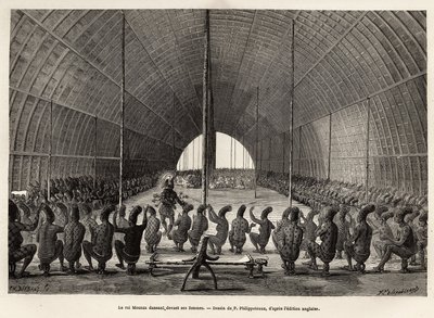 Mounza, koning van Mombouttous (Zaïre), dansend voor zijn serail, bestaande uit 80 vrouwen, gravure naar de tekening van P.Philippoteaux, ter illustratie van een reis naar het hart van Afrika, in 1868-1871, door Dr. George Schweinfurth, gepubliceerd in 
