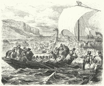 Fenicische schepen landen aan een kust door Paul Dominique Philippoteaux