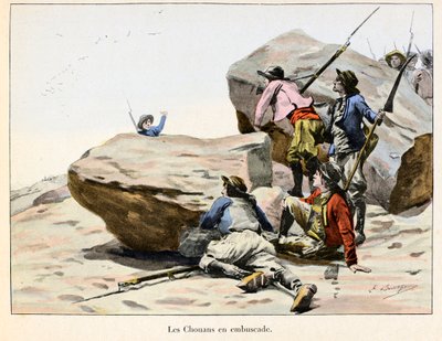 Chouannerie: Les Chouans in hinderlaag, eind 18e eeuw - Illustratie door Emile Boutigny (1853-1929) in 