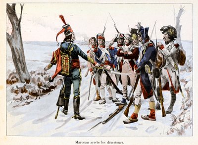 Marceau arresteert deserteurs: François-Séverin Desgraviers Marceau (1769-1796) houdt de soldaten van het Republikeinse leger in de Vendée (85) vast - Illustratie door Emile Boutigny (1853-1929) in 