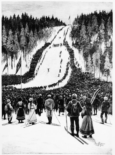 Ski: De Noorse derby, de skiwedstrijd - tekening door Paul Fisher, feb. 1900, Bibl. des Arts Deco door Paul Fischer