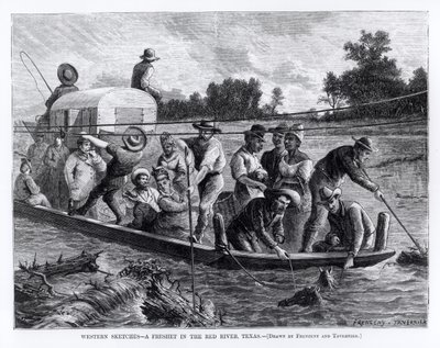 Westerse schetsen, een overstroming in de Red River, Texas, illustratie uit 