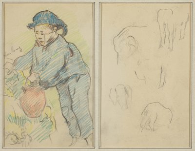 Een Bretonse Jongen met een Kruik; Vijf Dierlijke Vormen (verso) door Paul Gauguin