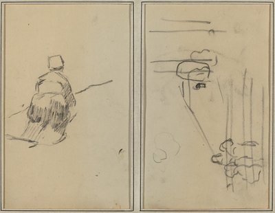 Een Bretonse vrouw wandelend; schets met trappen [verso] door Paul Gauguin