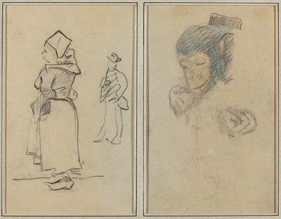 Een Bretonse vrouw en een staande man; hoofd en hand van een aap door Paul Gauguin