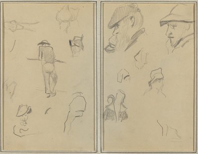 Een man leunend tegen een muur met vijf andere studies; twee bebaarde mannen met hoeden, en vijf andere studies door Paul Gauguin