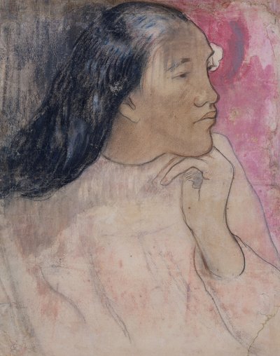Een Tahitiaanse vrouw met een bloem in haar haar, 1891-92 door Paul Gauguin