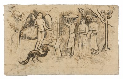 Engel, pauw en drie tahitianen door Paul Gauguin