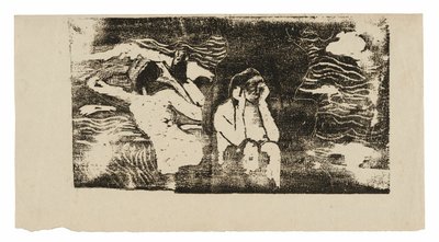 Bij de Zwarte Rotsen, uit de reeks late houtblokdrukken door Paul Gauguin