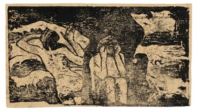 Bij de zwarte rotsen, uit de reeks late houtsneden door Paul Gauguin