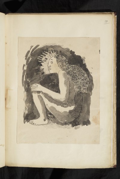 Voor en na - tekening van een naakte inheemse vrouw zittend, in profiel, haar knieën opgetrokken door Paul Gauguin