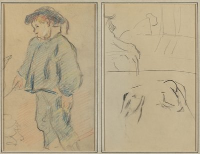 Bretonse Jongen die Ganzen Hoedt; Koeien en een Figuur die op een Ledge Leunt (verso) door Paul Gauguin