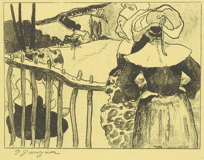 Bretonische Frauen neben einem Zaun door Paul Gauguin
