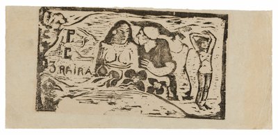 Buste van een naakte vrouw en driekwart figuur van een man met een witte pet in profiel, derde kleine figuur uiterst rechts, kopstuk voor Le sourire door Paul Gauguin