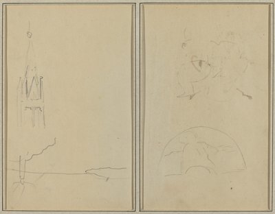 Kerktoren; een schets van een waaier [recto] door Paul Gauguin