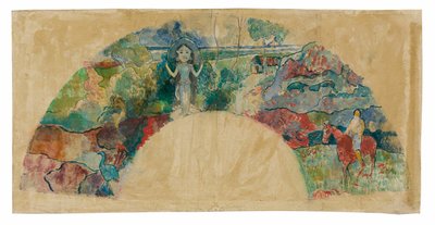 Ontwerp voor een waaier met een landschap en een standbeeld van de godin Hina door Paul Gauguin