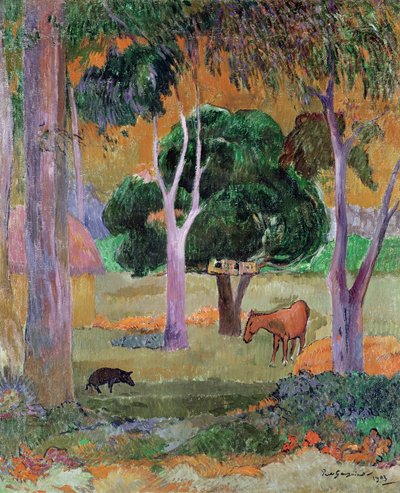 Dominicaans landschap of, landschap met een varken en paard, 1903 door Paul Gauguin