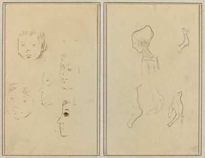 Vijf Studies van Hoofden; Een Jongen in Profiel met Studies van Handen en Voeten (verso) door Paul Gauguin