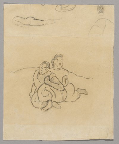 Fragmenten van lichamen, een decoratief ontwerp en twee gehurkte Tahitiaanse vrouwen in een landschap gerelateerd aan Nafea Faaipoipo door Paul Gauguin
