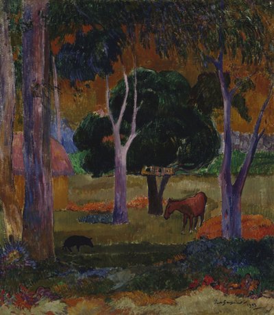 Hiva Oa Landschap met een Varken en een Paard door Paul Gauguin
