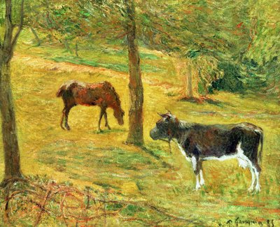 Paard en koe in een weide door Paul Gauguin