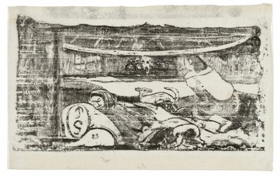 Interieur van een Tahitiaanse hut, uit de Suite van Late Houtsneden door Paul Gauguin