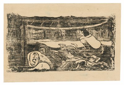 Interieur van een Tahitiaanse hut, uit de suite van late houtsneden door Paul Gauguin