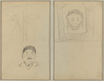 Landschap en Hoofd van een Man; Hoofd van een Aap Binnen een Vierkant [recto] door Paul Gauguin