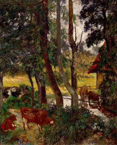 Landschap in Bretagne - Koeien bij een drinkbak door Paul Gauguin