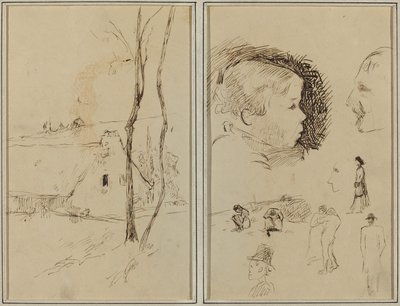 Landschap met een Huisje; Profiel van Jongen, Profiel van Man, Twee Vrouwen in een Landschap, en Vijf Andere Studies [verso] door Paul Gauguin