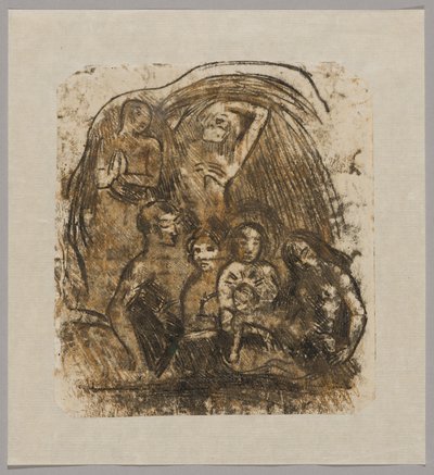 Geboorte (Moeder en kind omringd door vijf figuren) door Paul Gauguin
