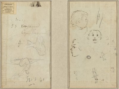 Zittende figuur en een koe; drie studies van een kinderhoofd door Paul Gauguin