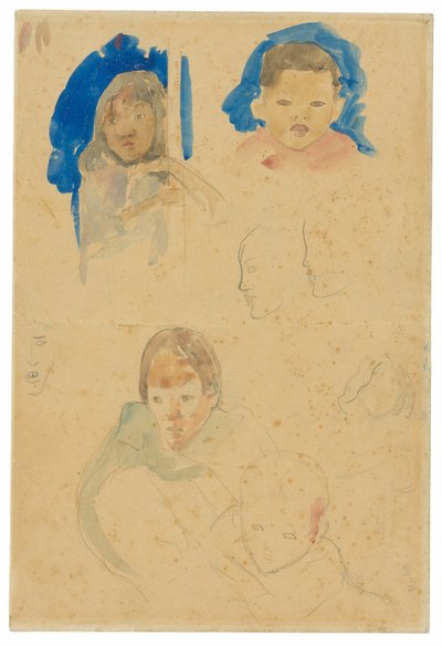 Schetsen van kinderen, een vrouw en profielen (recto), schetsen van paarden en kind (verso) door Paul Gauguin