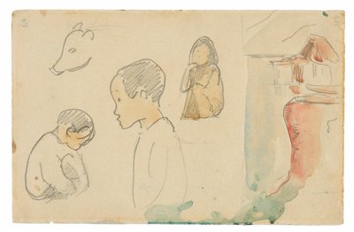 Schetsen van gehurkte en staande figuren, een varken en een hut aan de waterkant door Paul Gauguin