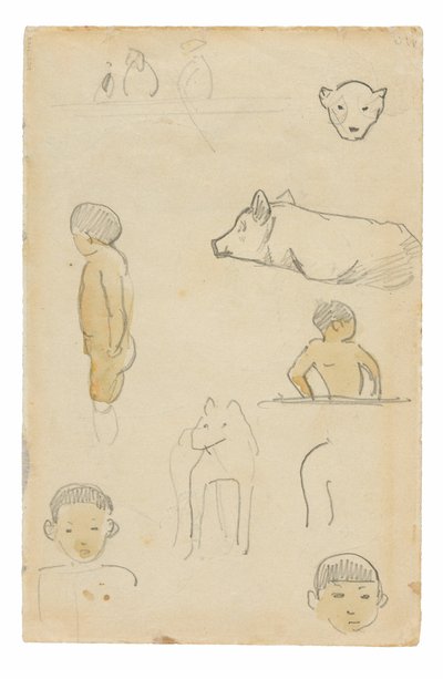 Schetsen van staande figuren en dieren door Paul Gauguin