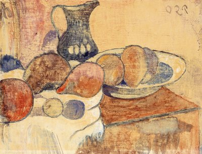 Stilleven met een kruik en fruit door Paul Gauguin
