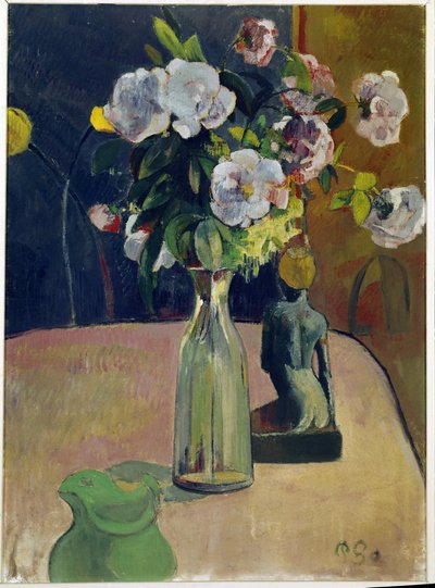 Stilleven met rozen en beeld door Paul Gauguin