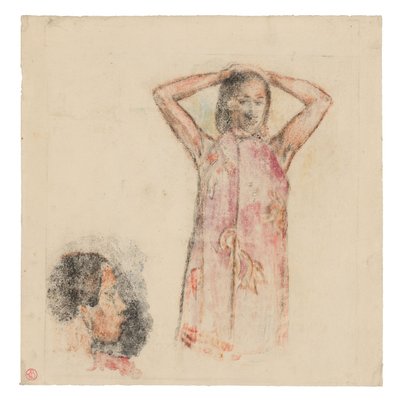 Tahitiaans meisje in roze pareu door Paul Gauguin