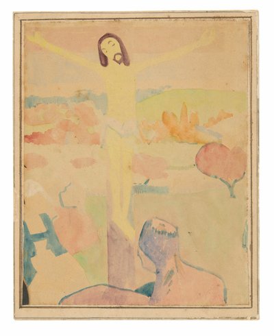 De gele Christus (recto), vrouwelijke bader wadend door een beek door Paul Gauguin