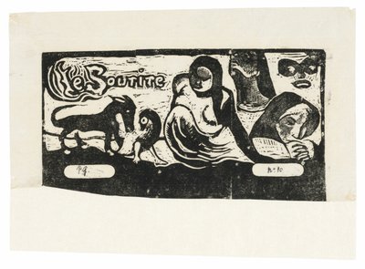 Drie mensen, een masker, een vos en een vogel, kopstuk voor Le sourire door Paul Gauguin