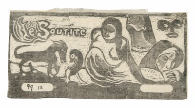 Drie mensen, een masker, een vos en een vogel, kopstuk voor Le sourire door Paul Gauguin
