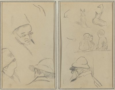 Drie studies van mannenhoofden, een met bril; honden, kinderen en twee bebaarde mannen in profiel [verso] door Paul Gauguin