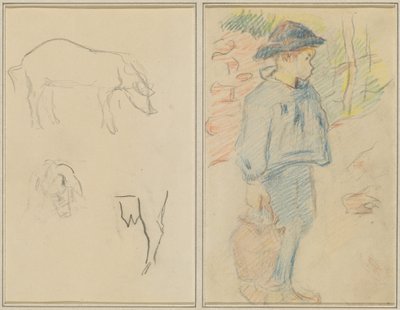 Drie Studies van een Varken; Bretonse Jongen Lopend met een Kruik (recto) door Paul Gauguin